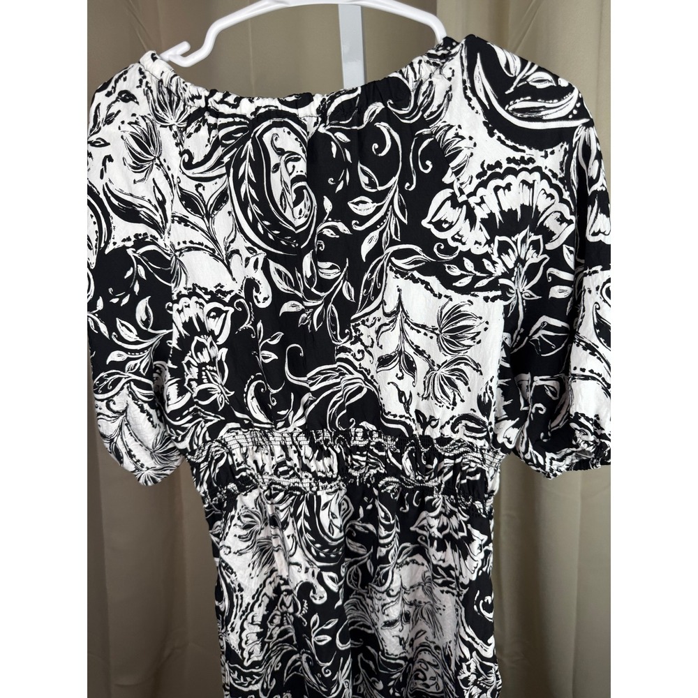 Ellen Tracy Black White Floral Paisley Maxi Dress L – Puff Sleeve Smocked Waist - Picture 7 of 8